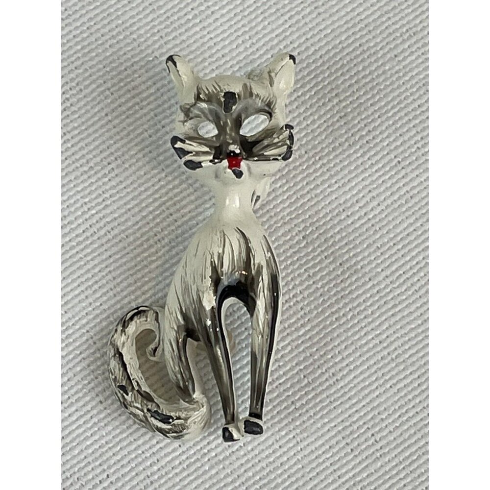 Vintage Black, Grey And White Enamel Cat Kitty Brooch Pin Odd Weird Empty Eyes B